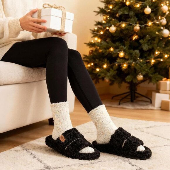 ⚡Women's Matt Black Fuzzy Open Toe Slippers Soft Comfy Memory Foam House Shoes - Picture 2 of 8